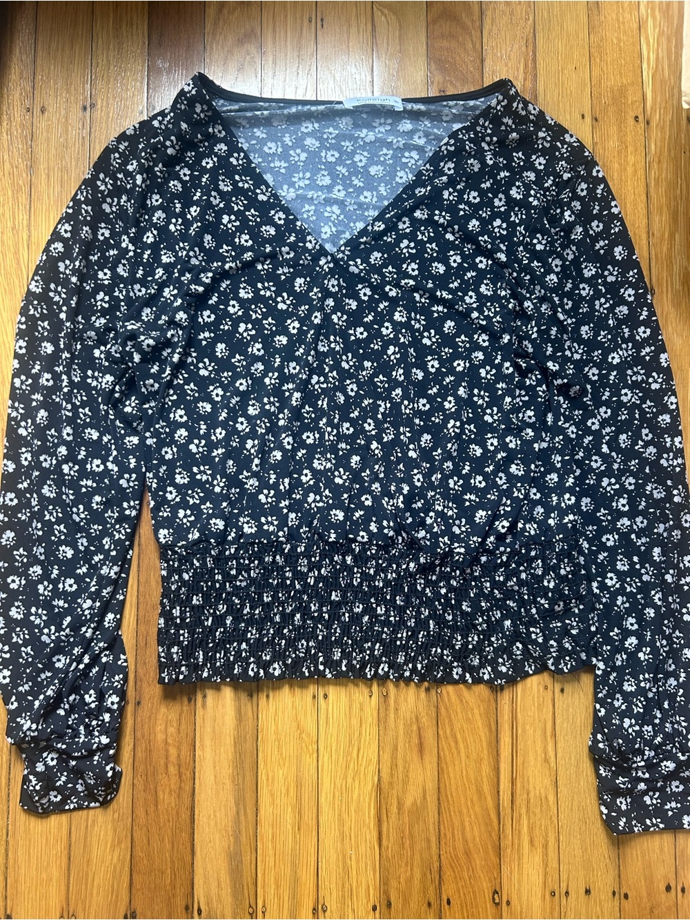 Kaileigh Black Floral V-Neck Long Sleeve Smocked Waist Top